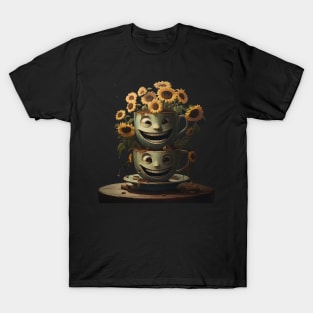 Happy Smiling Faces On a Cup With Coffee And Sunflowers Coffee Barista T-Shirt